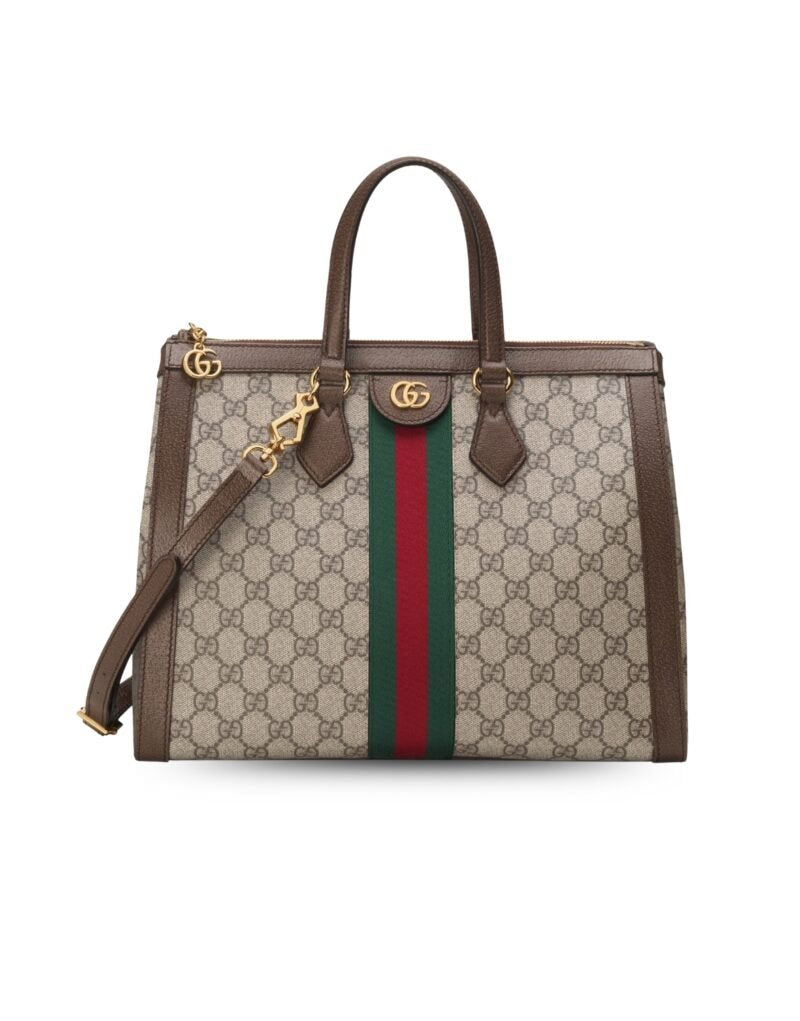 Gucci Ophidia GG Medium Tote Bag Beige/Ebony GG Supreme Canvas With Brown For Women 13in/33cm