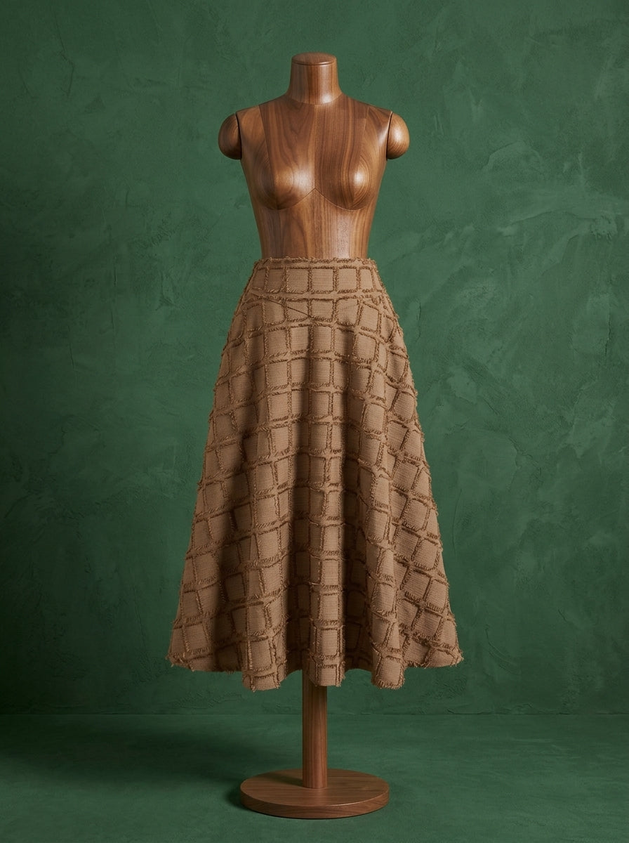 Heritage Fringe Grid A-Line Midi Skirt with classic check pattern