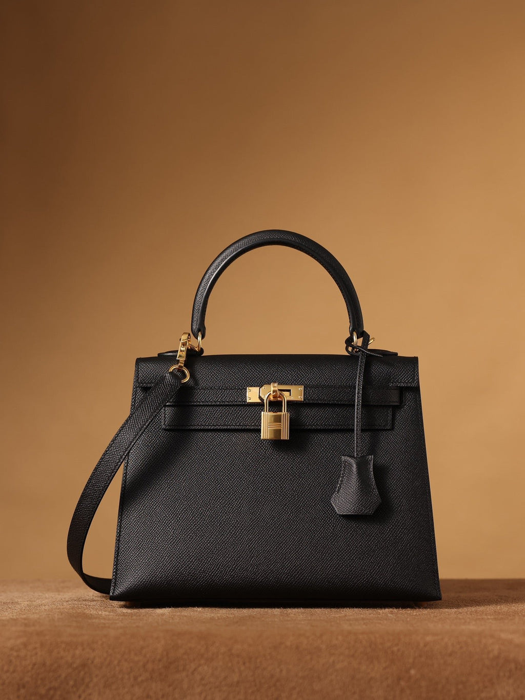 Hermes Kelly Epsom Gold Tone Lock Bag Black For Women 9,8in/25cm
