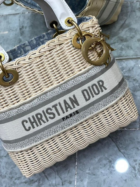 Christian Dior Blue Wicker Bucket Bag 24cm