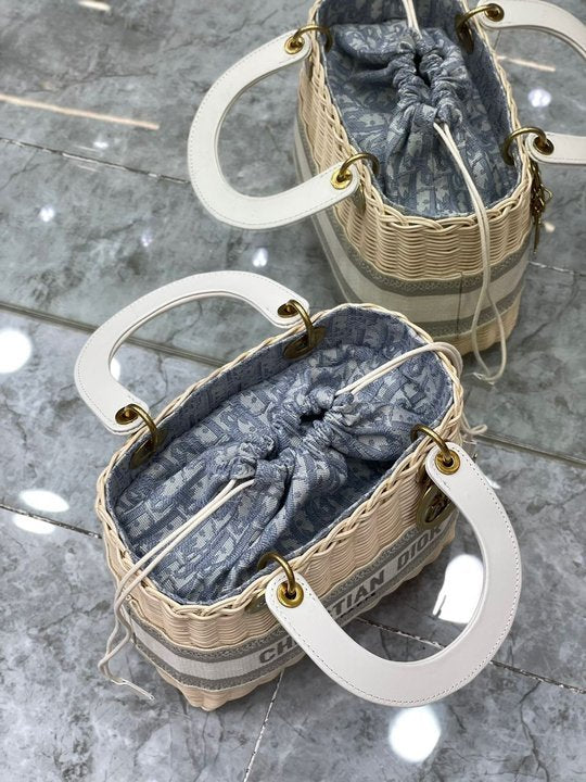 Christian Dior Blue Wicker Bucket Bag 24cm