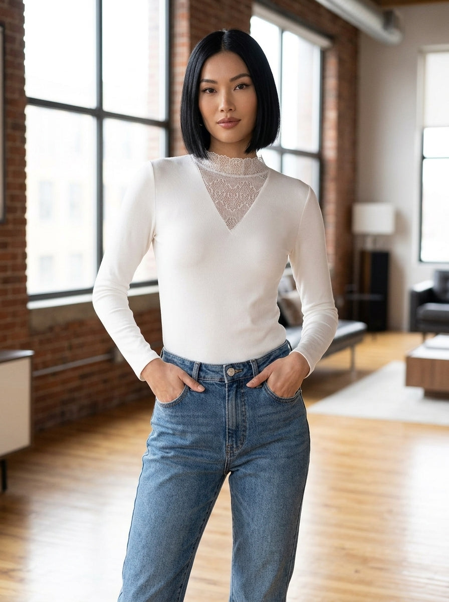 Ivory Lace Elegance V-Neck Fitted Top with delicate lace details