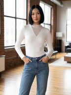 Ivory Lace Elegance V-Neck Fitted Top with delicate lace details