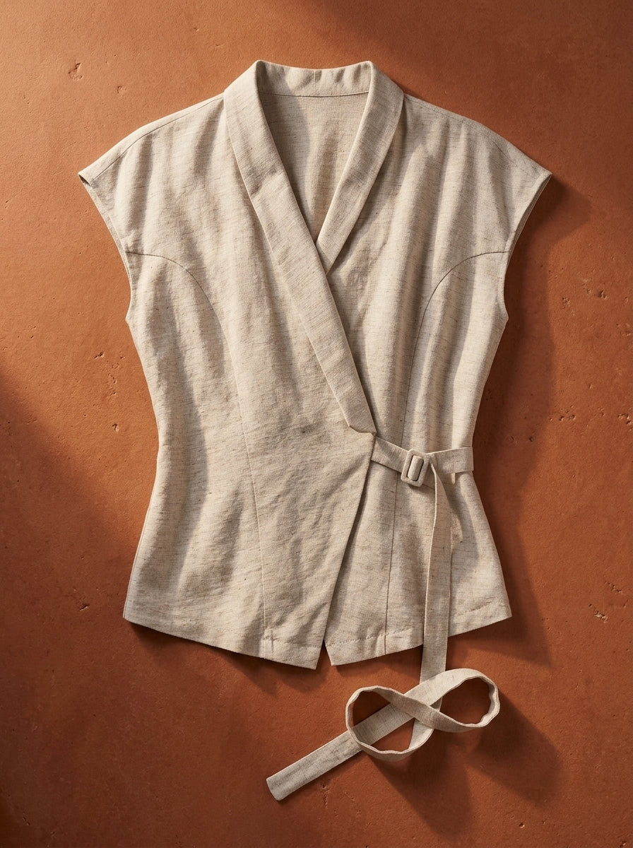 Linen Luxe Wrap Belted Cotton Top with elegant V-neck design