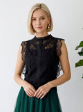 Midnight Charm Crochet Lace Sleeveless Top in elegant black