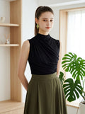 Midnight Elegance Ruched Sleeveless Top in classic black