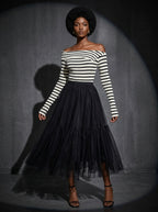 Stylish black striped off-shoulder knit fashion top