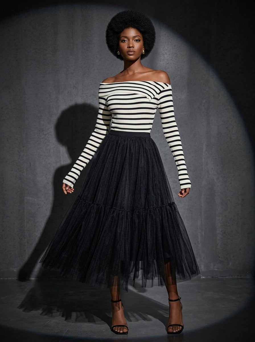Stylish black striped off-shoulder knit fashion top