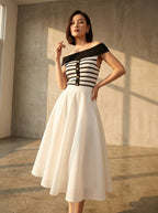 Parisian Charm Off-Shoulder Striped Knit Top in black