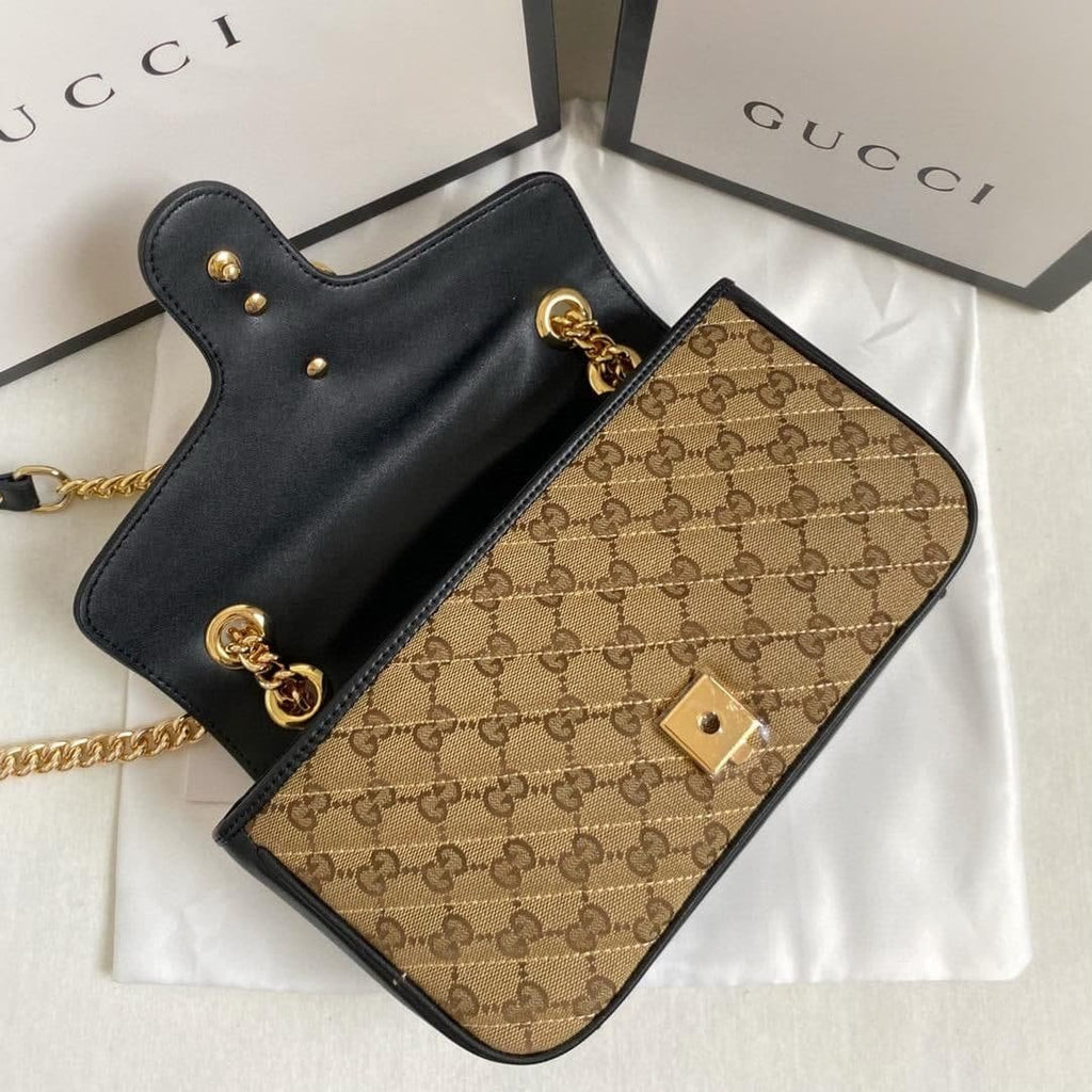 Gucci Marmont Small Shoulder Bag Beige/Ebony Diagonal Matelassé Original GG Canvas For Women 10in/26cm