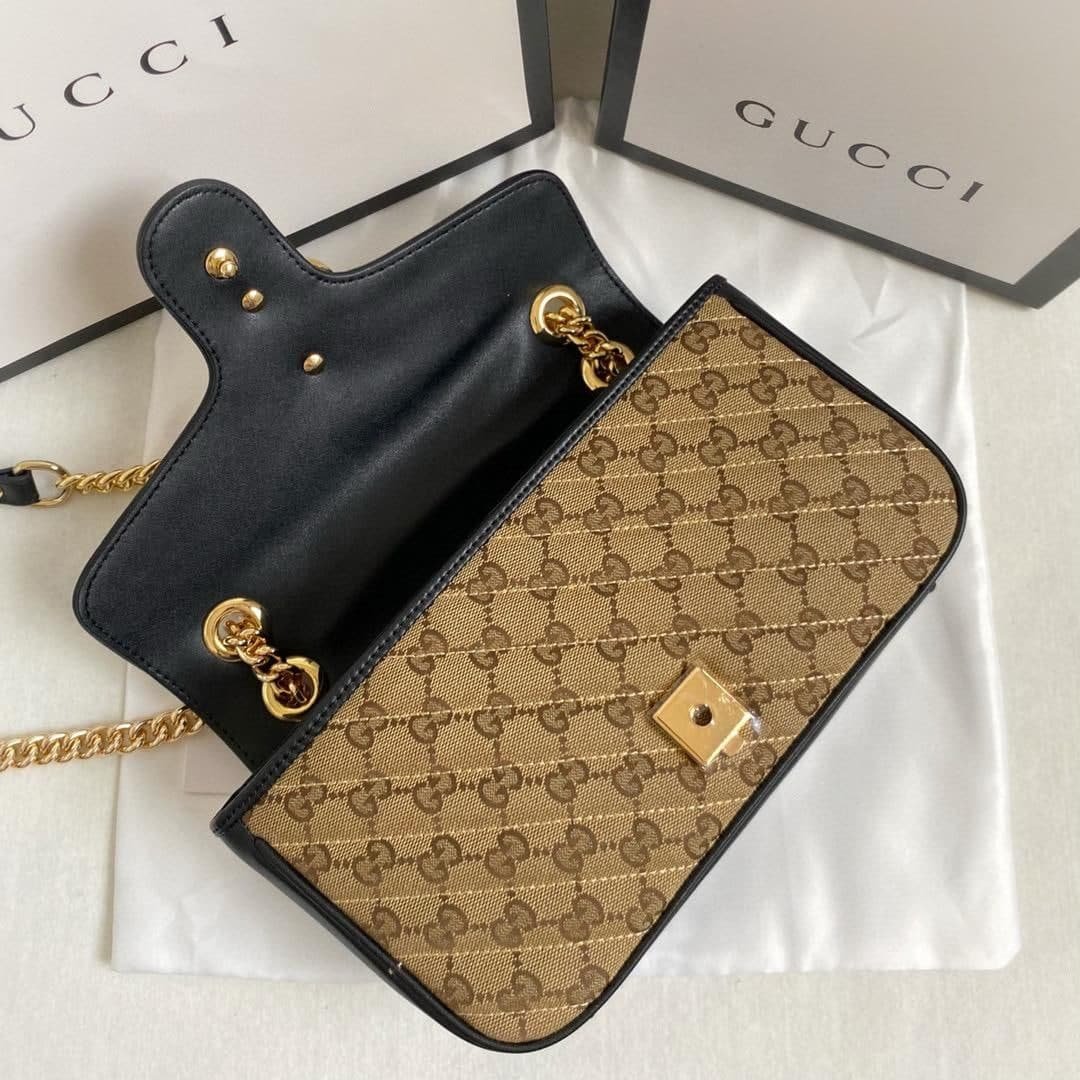 Gucci Marmont Small Shoulder Bag Beige/Ebony Diagonal Matelassé Original GG Canvas For Women 10in/26cm