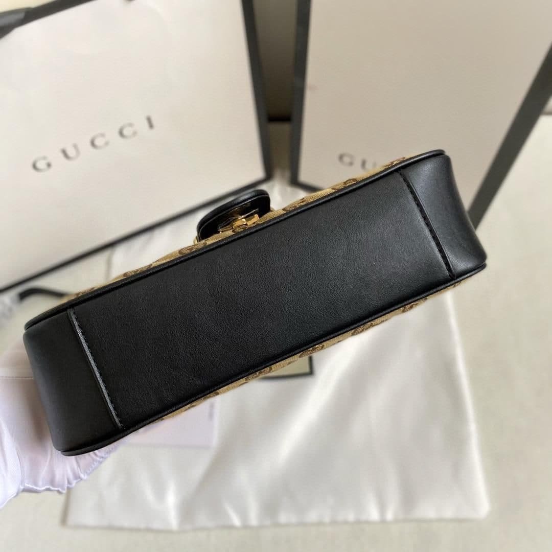 Gucci Marmont Small Shoulder Bag Beige/Ebony Diagonal Matelassé Original GG Canvas For Women 10in/26cm