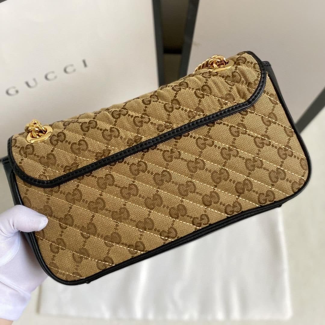 Gucci Marmont Small Shoulder Bag Beige/Ebony Diagonal Matelassé Original GG Canvas For Women 10in/26cm