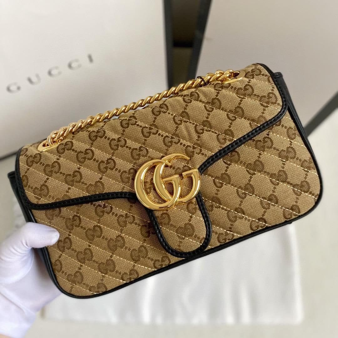 Gucci Marmont Small Shoulder Bag Beige/Ebony Diagonal Matelassé Original GG Canvas For Women 10in/26cm