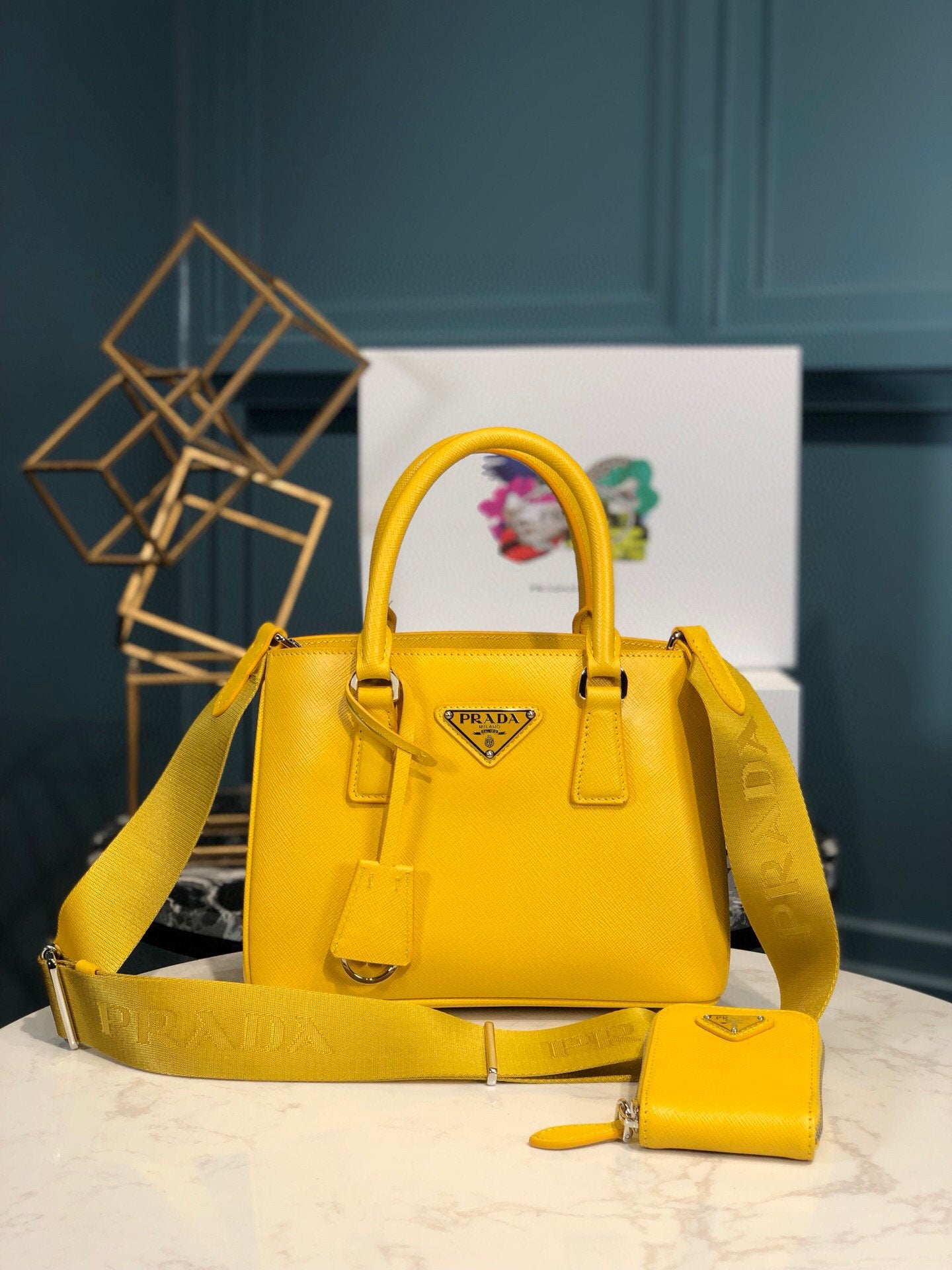 Prada Saffiano Lux Galleria In Yellow For Women 9in/ 23cm