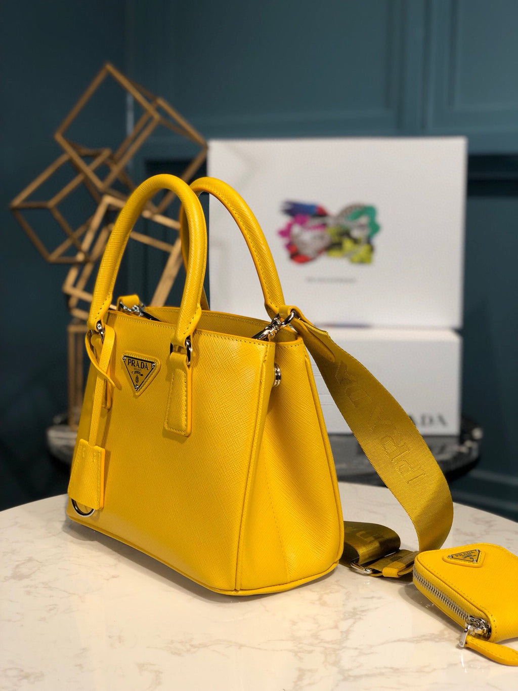 Prada Saffiano Lux Galleria In Yellow For Women 9in/ 23cm