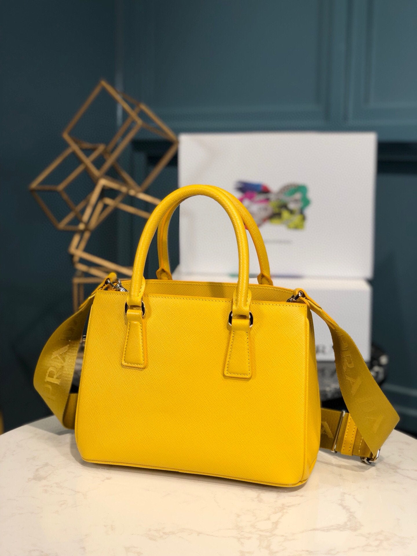Prada Saffiano Lux Galleria In Yellow For Women 9in/ 23cm