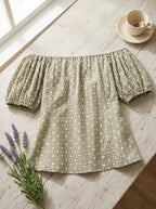 Sage Blossom Eyelet Off-Shoulder Cotton Top with floral embroidery