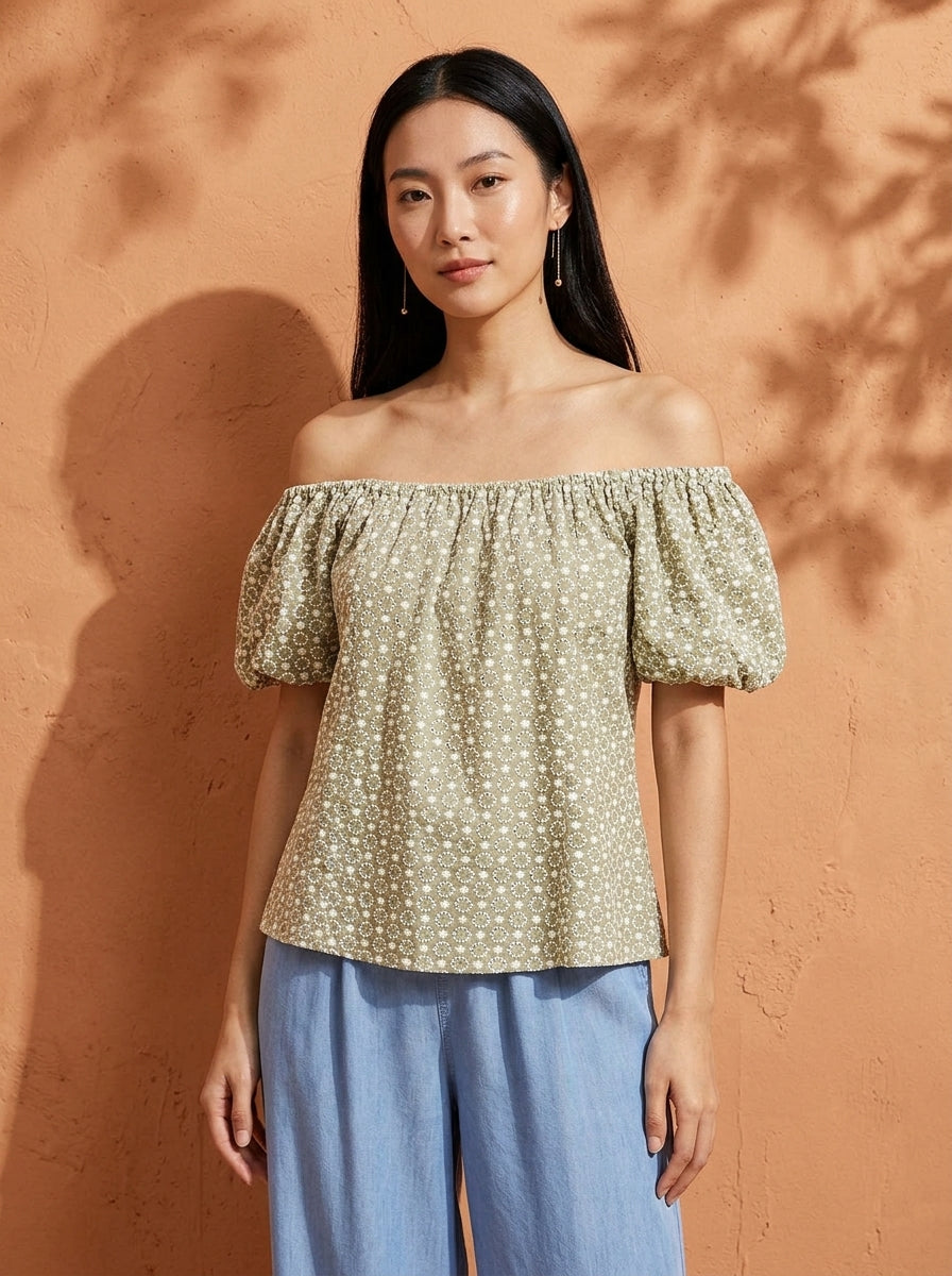 Women's sage off-shoulder cotton top with eyelet details