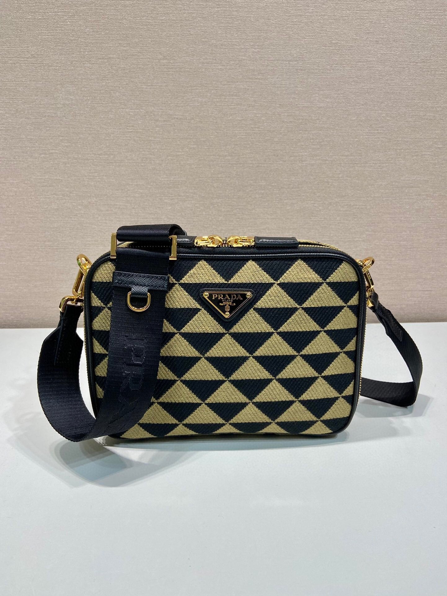 Prada Symbole Embroidered Fabric Bag In Beige For Women 8.6 in/ 22 cm
