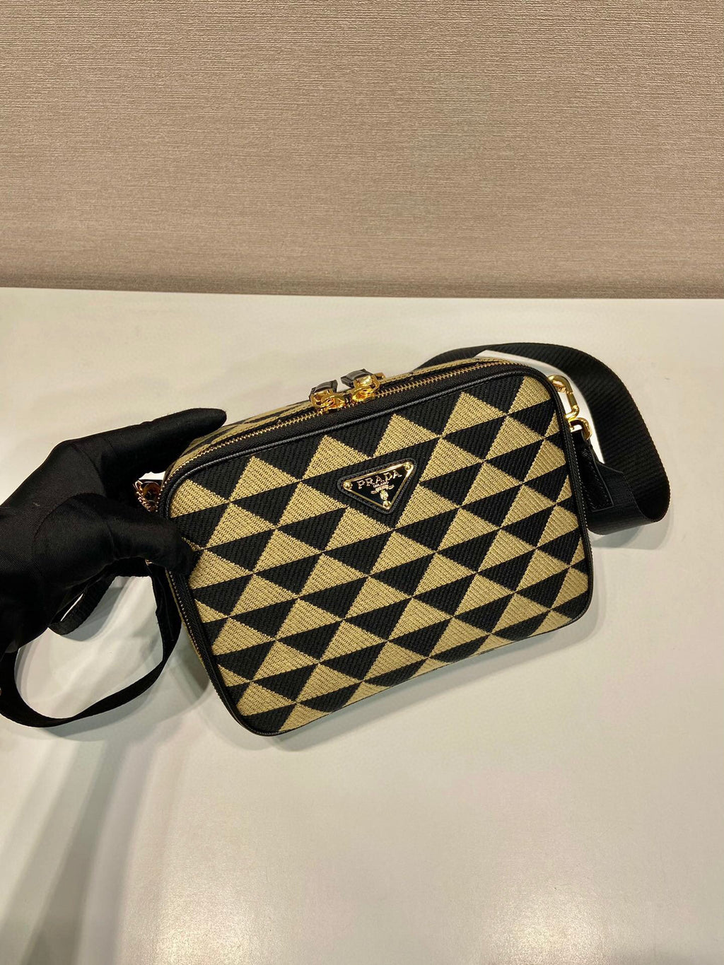 Prada Symbole Embroidered Fabric Bag In Beige For Women 8.6 in/ 22 cm