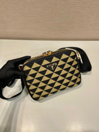 Prada Symbole Embroidered Fabric Bag In Beige For Women 8.6 in/ 22 cm