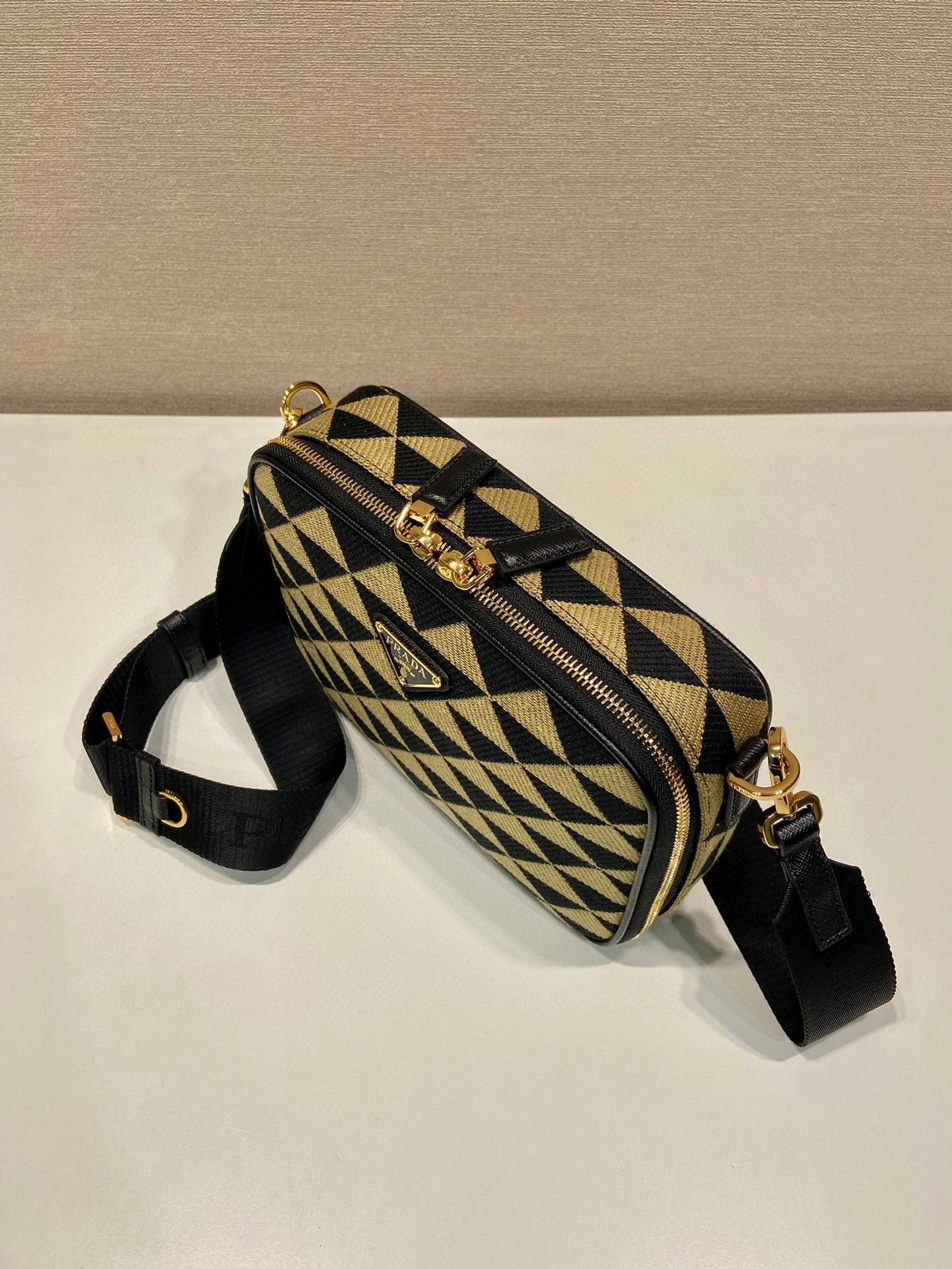 Prada Symbole Embroidered Fabric Bag In Beige For Women 8.6 in/ 22 cm