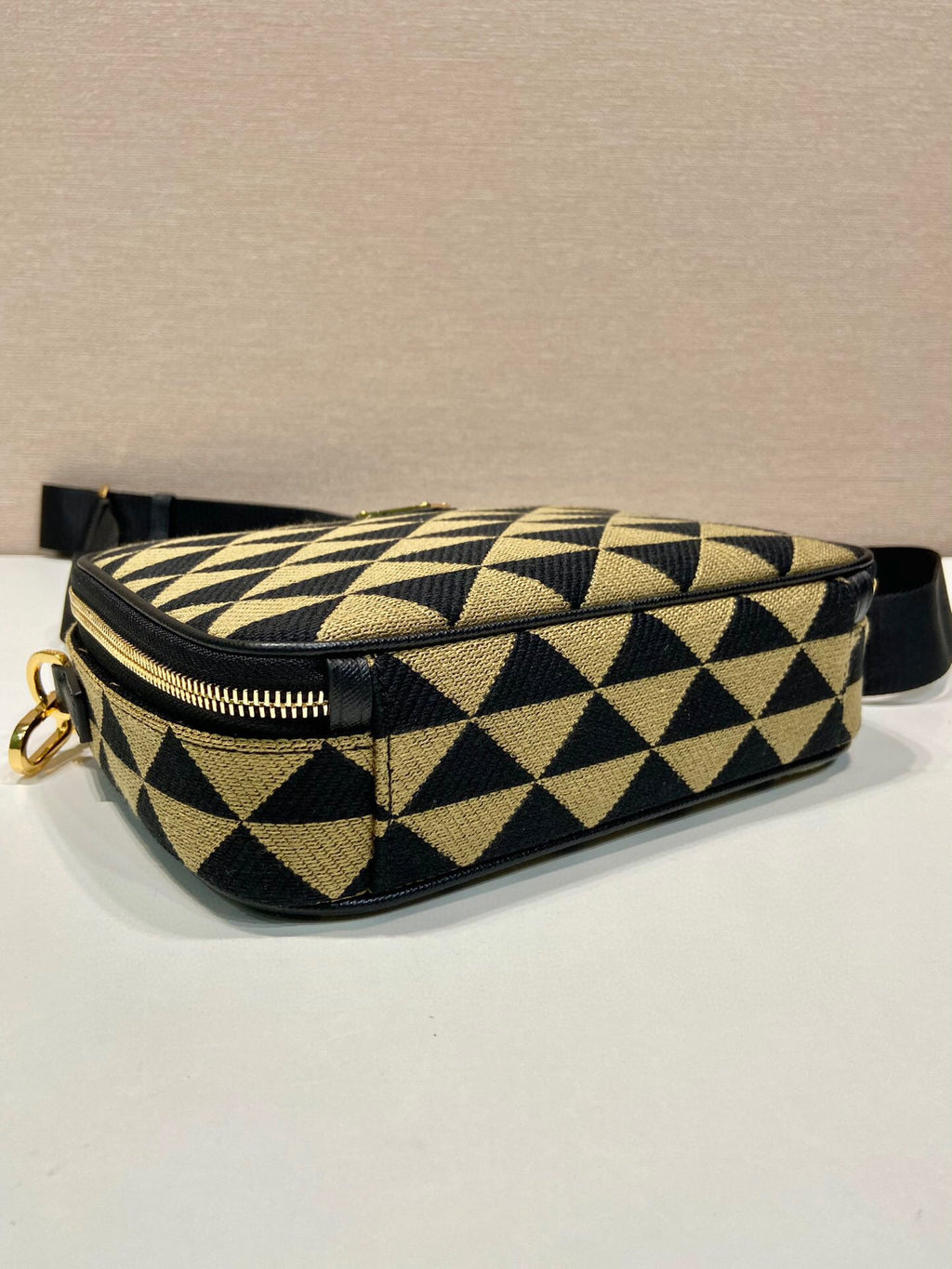 Prada Symbole Embroidered Fabric Bag In Beige For Women 8.6 in/ 22 cm