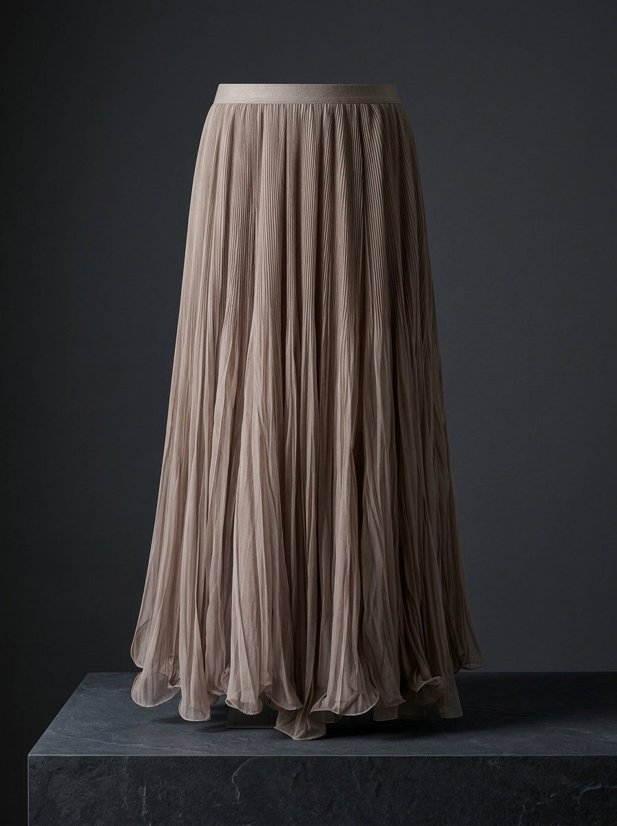 Taupe Whisper Asymmetrical Tulle Maxi Skirt with cascading ruffle hem