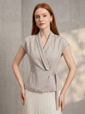 Women's cotton linen wrap blouse with adjustable waist belt