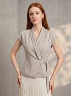 Women's cotton linen wrap blouse with adjustable waist belt