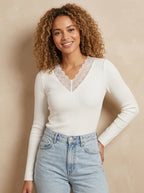Women's white lace V-neck fitted blouse