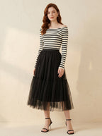 Women's black striped Bardot knit top with long sleeves