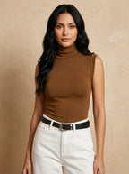 Elegant slim-fit brown sleeveless blouse