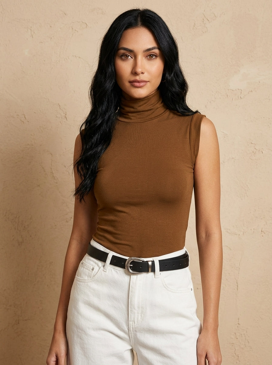 Elegant slim-fit brown sleeveless blouse
