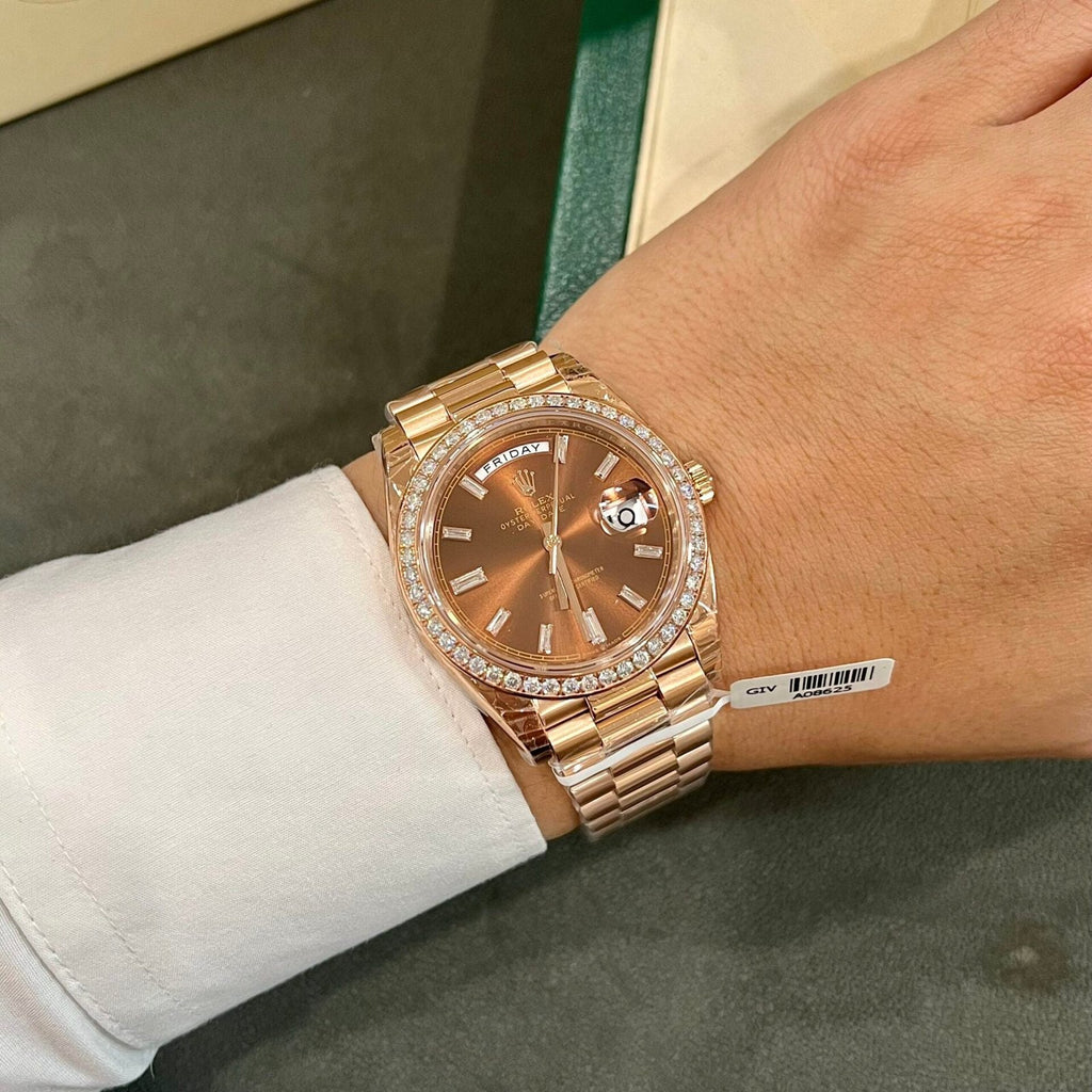 Rolex Watch Day-Date Dial Chocolate Moissanite Diamonds 40mm