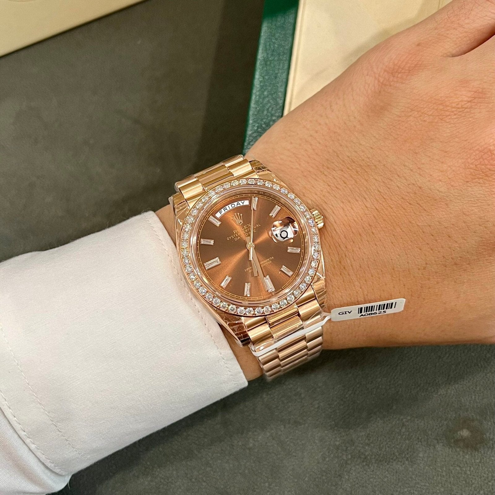 Rolex Watch Day-Date Dial Chocolate Moissanite Diamonds 40mm