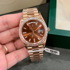 Rolex Watch Day-Date Dial Chocolate Moissanite Diamonds 40mm