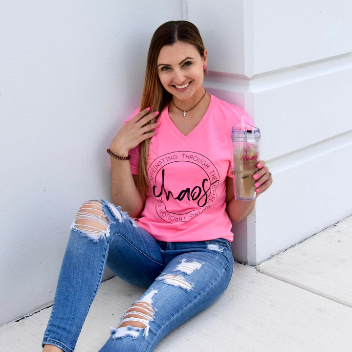 Caffeinating Through the Chaos Neon Pink V-Neck Tee