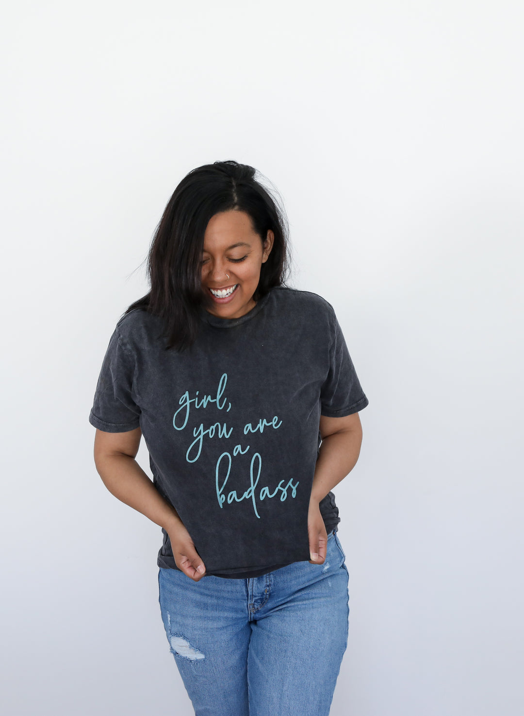 Girl You Are a Badass Vintage Black Tee  |  Teal Shimmer Ink