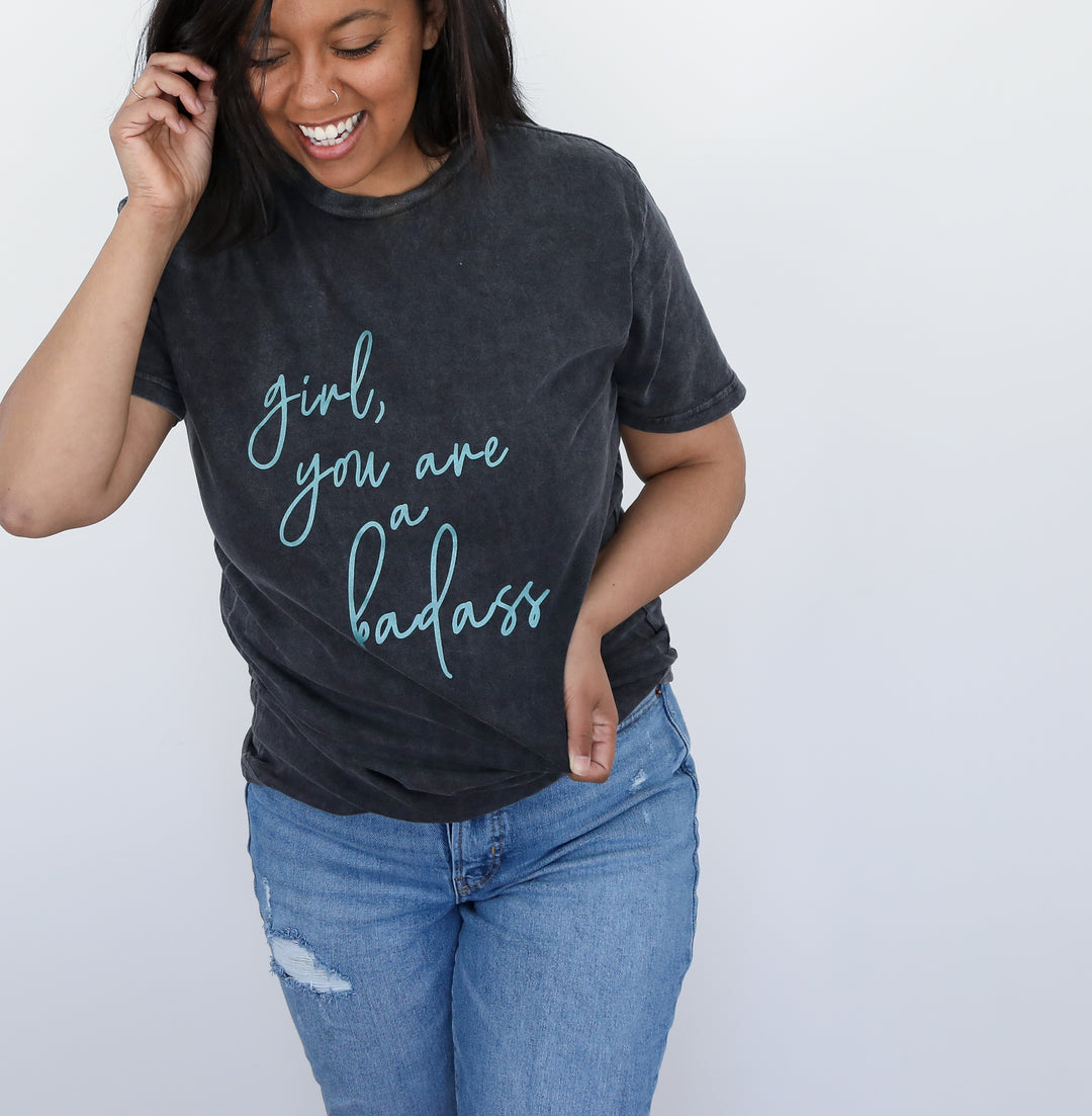 Girl You Are a Badass Vintage Black Tee  |  Teal Shimmer Ink