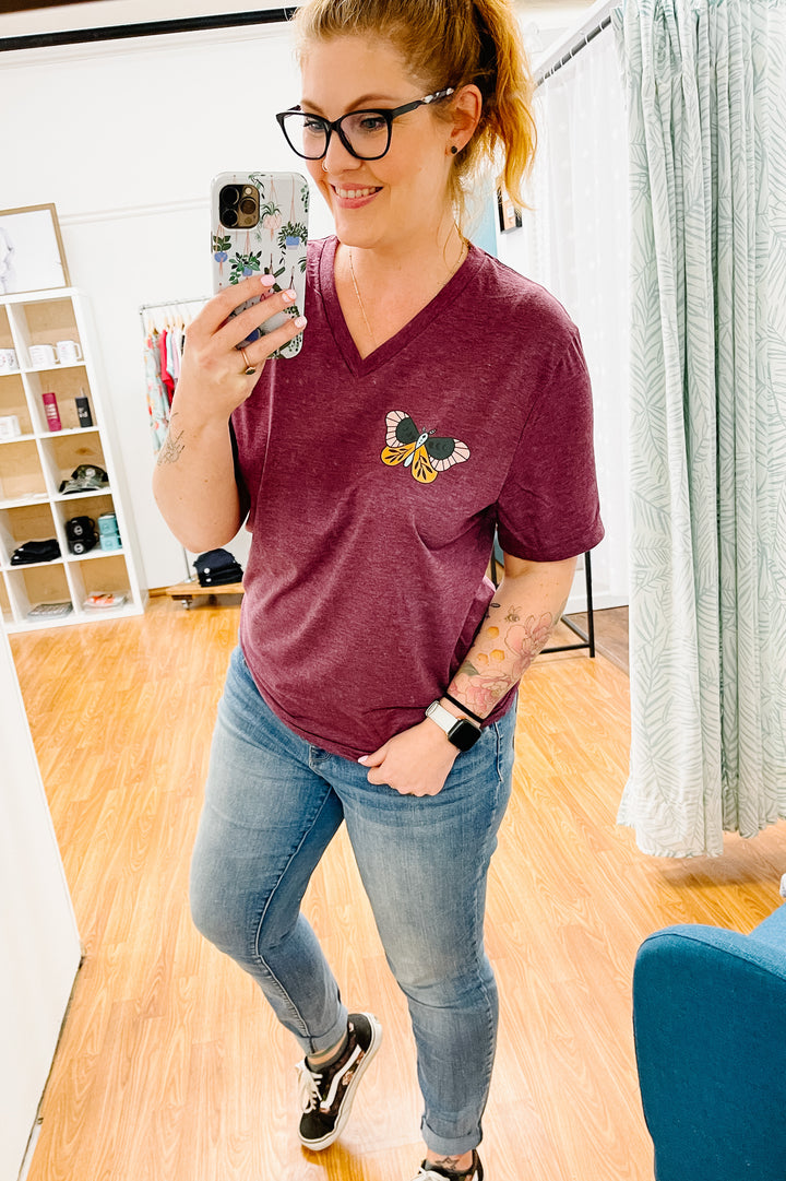 Moon Phase Moth Maroon Triblend V-Neck Tee