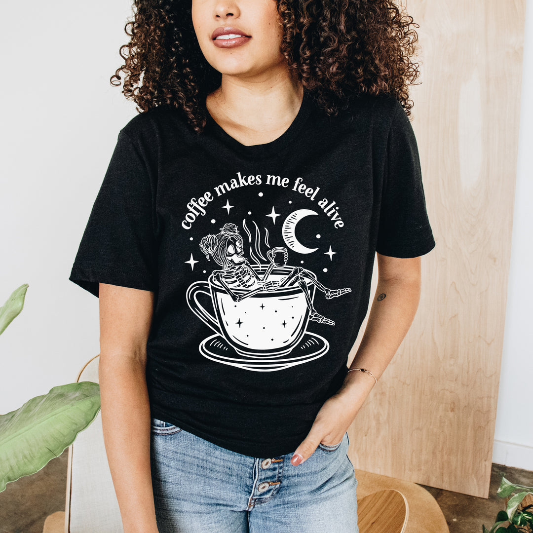 Coffee Makes Me Feel Alive Heather Tee  |  White Ink