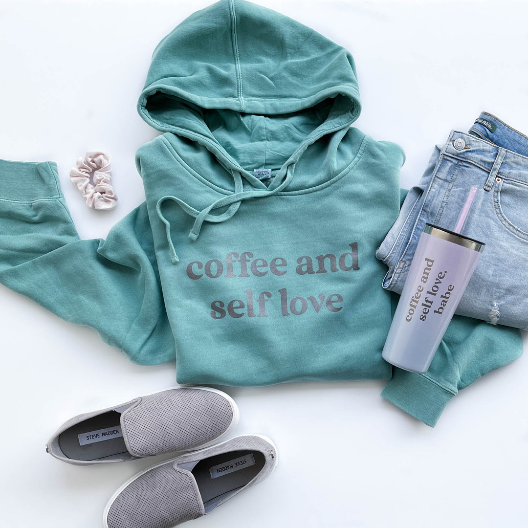 Coffee and Self Love Mint Pigment-Dyed Hoodie  |  Silver Shimmer Ink