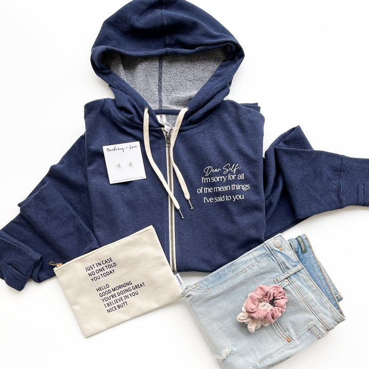 Dear Self French Terry Zip Hoodie w/ Thumbholes  |  White Ink