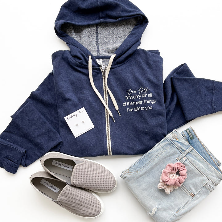 Dear Self French Terry Zip Hoodie w/ Thumbholes  |  White Ink