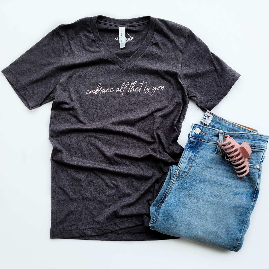 Embrace All That Is You Charcoal V-Neck Tee  |  Rose Gold Ink