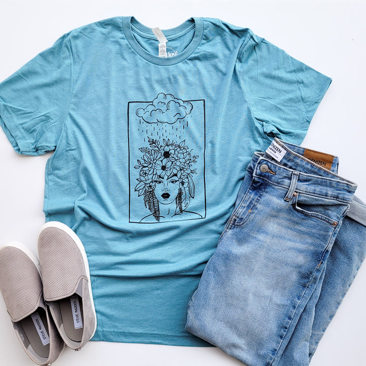 Floral Girl Heather Blue Lagoon Tee  |  Black Shimmer Ink