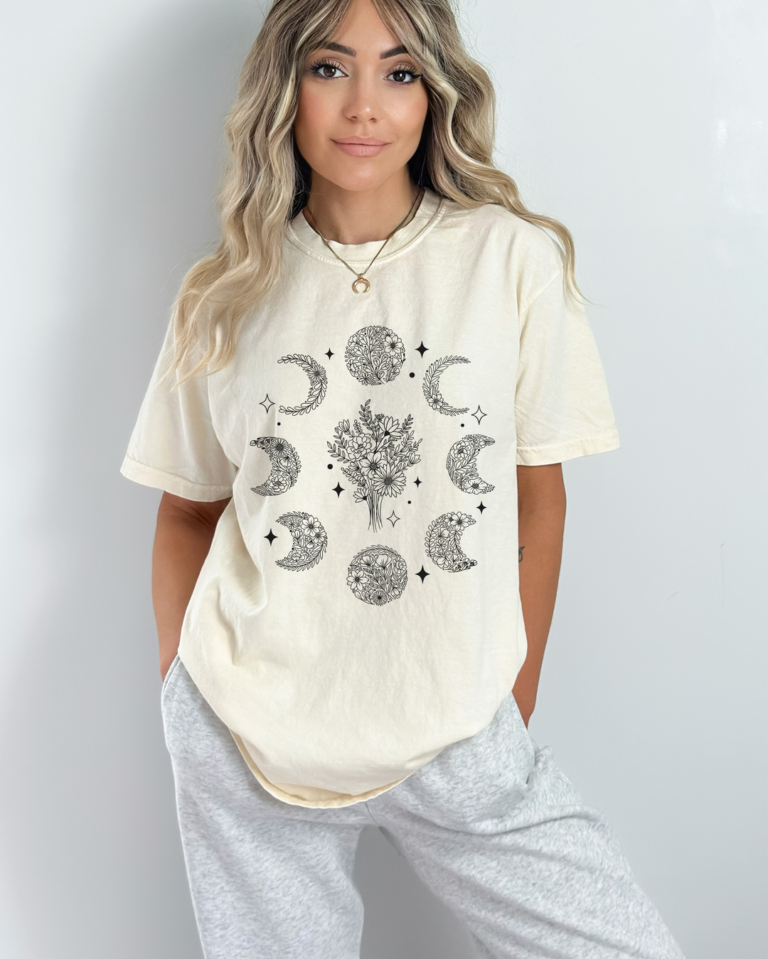 Floral Moon Phase Ivory Garment-Dyed Tee