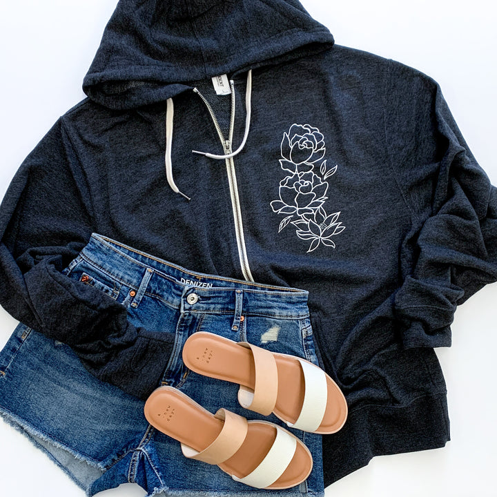 Flowers Charcoal French Terry Thumbhole Zip Hoodie  |  White Ink
